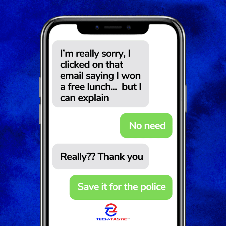 a cell phone with text messages about clicking on free lunch email